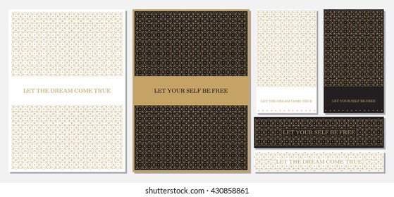 Collection of A4 size templates, business cards and banner in black and white colors with golden geometric decoration.Corporate design set.