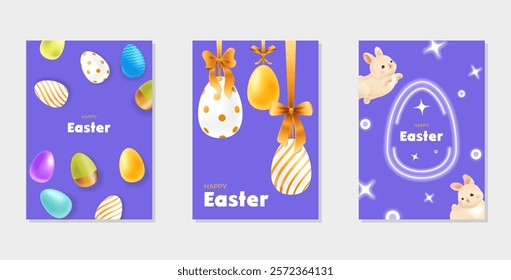 Collection of A5 Happy Easter greeting flyers. Set of brightly colored Easter eggs. Festive eggs are suspended from a satin ribbon with a bow. Cute bunnies with neon elements. Vector illustration