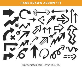 Collection of aarow element in abtract hand drawn and black color. Set of direction element and vector icon