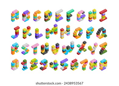 Collection of abc and digits. Vector letters, numbers, figures made from construction blocks