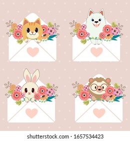 The collection about character of animal sitting in the big letter and heart stamp in flat vector style. Graphic resource about animals for banner, sticker label and greeting card.