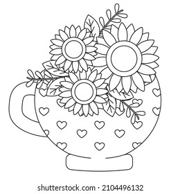 The collection about sunflower with teacup or vase in flat vector style. Illustration about flower, floral theme.