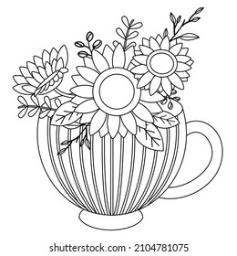 The collection about sunflower with teacup or vase in flat vector style. Illustration about flower, floral theme.