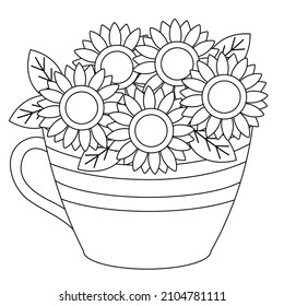 The collection about sunflower with teacup or vase in flat vector style. Illustration about flower, floral theme.