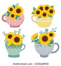 The collection about sunflower with teacup or vase in flat vector style. Illustration about flower, floral theme.