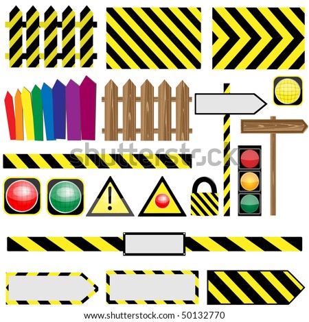Collection of abstacles and warning signs on a pure background