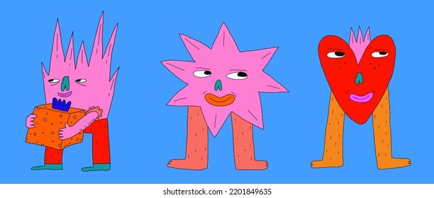 collection of abstract 1970 psychedelic characters.Carnival holiday dudes.Star,fire,valentine heart with face.Design elements forchristmas,birthday parties.Funky,groovy nostalgia. sublimation print