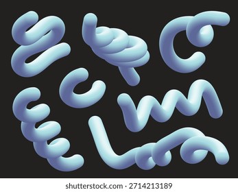 Sammlung abstrakter 3D-blauer Fluidrohrelemente und verdrehter Knoten einzeln auf dunklem Hintergrund