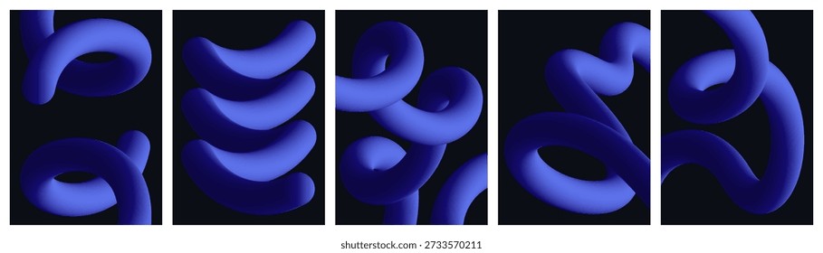 Collection of abstract 3D blue twisted tubes on black background