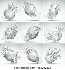 Collection of abstract 3d faceted figures with black connected lines and dots. Set of vector low poly shattered grayscale graphic elements with fragments and particles. Explosion effect.