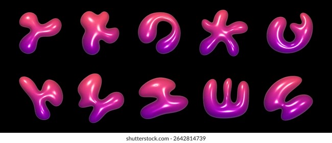 A collection of abstract 3d liquid shapes display vibrant colors with a reflective quality. These designs capture a fluid aesthetic that enhances their modern artistic appeal.