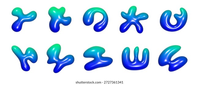 A collection of abstract 3D liquid shapes showcases unique forms with glossy textures that shift hues from deep blue to vibrant green, presenting a playful and artistic composition.