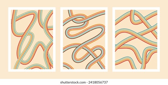 Collection of abstract 70's Retro Line style aesthetic poster illustrations	