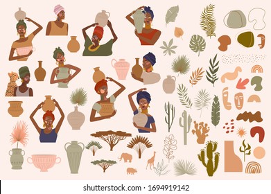 Collection of abstract African women portraits, ceramic vase, jugs, bowls, tropical plants, palm leaf, cactus, animal silhouette, abstract hand draw shapes. Editable vector illustration.