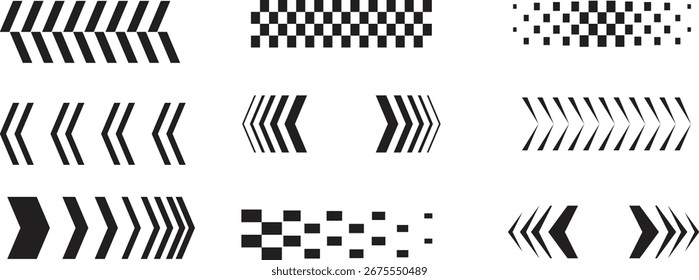 Collection of abstract arrow and geometric patterns in black vector style. Dynamic motion design elements for racing, speed, and modern graphics. Minimal line art direction symbols set.