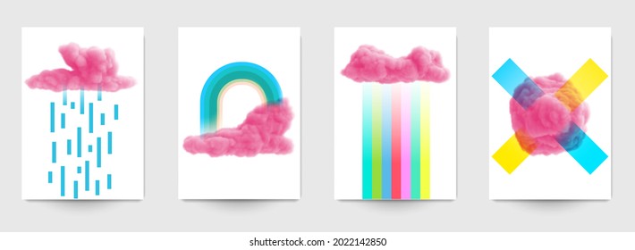 Sammlung abstrakter Kunsthintergrund mit rosafarbener Wolke und bunten geometrischen Formen. Set von modernen Modevorlagen für Cover, Poster, Banner. Minimalistische trendige Vektorgrafiken.