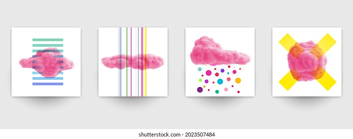 Collection abstract art background with pink cloud and colorful geometric shapes. Set of modern fashion templates for cover, poster, banner. Minimalistic trendy vector illustrations.