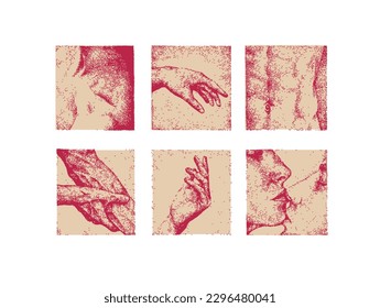 Colección de afiches de arte abstracto. Hombre y mujer, manos, torso, beso. Diseño para redes sociales, impresiones, romance.