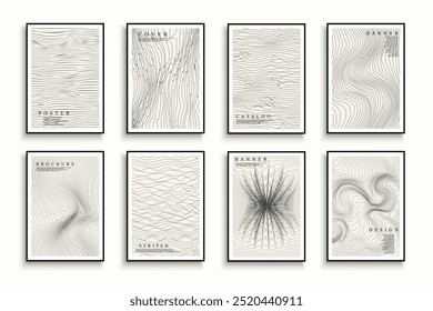 Collection of abstract artwork striped covers, templates, backgrounds, placards, brochures, banners, flyers. Monochrome creative minimalistic posters with curve lines texture. Contemporary design