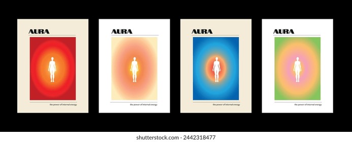 Collection of abstract aura retro posters with blurred gradient. Positive energy, glow, soul. 