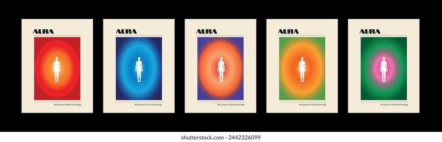 Collection of abstract aura retro posters with blurred gradient. Positive energy, glow, soul. Vector.