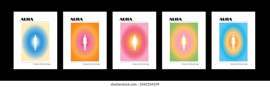 Collection of abstract aura retro posters with blurred gradient. Positive energy, glow, soul. Vector illustration.