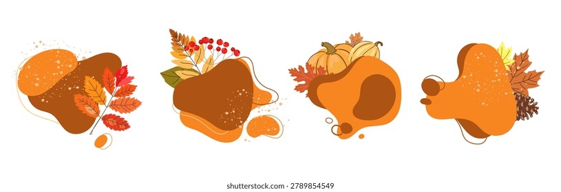 Collection of abstract autumn design elements with pumpkins, maple leaves, berries, pine cones, and seasonal foliage for banners, social media, harvest promotions, and thanksgiving projects. Vector