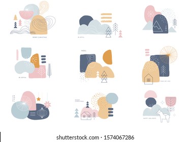 Collection of abstract background designs, shapes in clean Scandinavian trendy style. Story templates, winter sale, social media promotional content