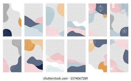 Collection of abstract background designs, shapes in clean Scandinavian trendy style. Story templates, winter sale, social media promotional content