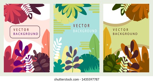 Collection of abstract background designs - summer sale, social media promotional content. Set Сards with stylized plants and leaves. Vector illustration