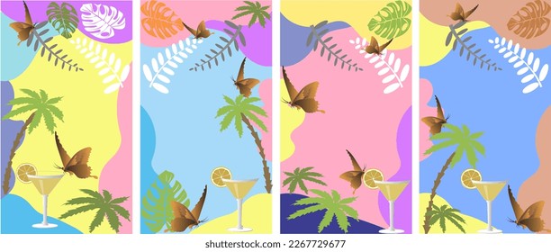 Collection of abstract background pictures. Summer, palm trees, butterflies, a glass of wine. Summer sale promotional social media content.