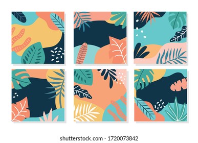 Collection of abstract background. Vector illustration. Wrapping paper or fabric. Texture for menu, booklet, sale banner, website. Modern collage floral pattern. Poster, postcard, label for printing. 