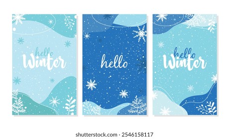 Colección de fondo abstracto Diseño de Vector de invierno. Hola, Winter. Texto de saludo para la celebración de la estación fría. Vamos, Snow. Ilustración vectorial. Días de invierno. Ideal para Anuncios, Fondos de pantalla, tarjetas