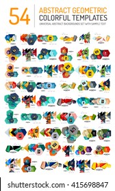 Collection of abstract backgrounds - colorful textured glossy geometric shape compositions with infographics option sample text, repetition of elements. Colorful geometric universal template, bright