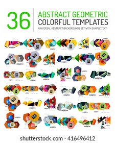 Collection of abstract backgrounds - colorful textured glossy geometric shape compositions with infographics option sample text, repetition of elements. Colorful geometric universal template, bright