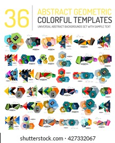Collection of abstract backgrounds - colorful textured glossy geometric shape compositions with infographics option sample text, repetition of elements. 