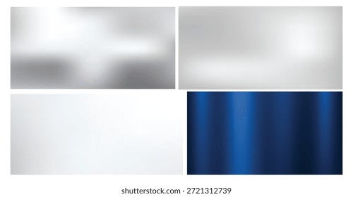 Una colección de fondos abstractos con Gradientes suaves en plateado, blanco y azul profundo, junto con una textura azul metálica cepillada, ideal para proyectos de Diseño gráfico modernos y visuales