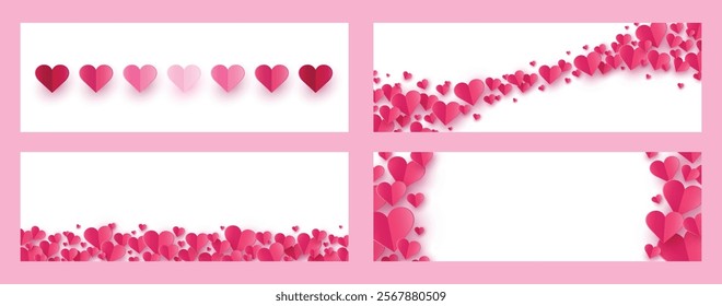 Collection of abstract backgrounds with floating paper cut hearts. Modern banners for Valentine’s Day, Mother’s Day and Women’s Day. Vector illustration
