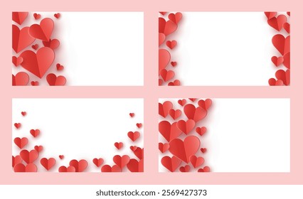 Collection of abstract backgrounds with floating paper cut hearts. Modern design for Valentine’s Day, Mother’s Day and Women’s Day. Vector illustration