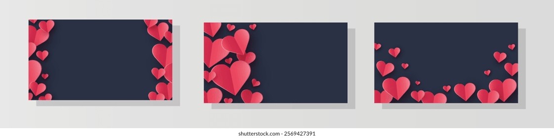 Collection of abstract backgrounds with floating paper cut hearts. Modern design for Valentine’s Day, Mother’s Day and Women’s Day. Vector illustration