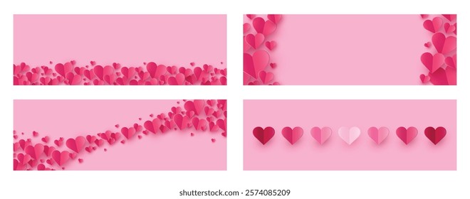 Collection of abstract backgrounds with floating paper cut hearts. Modern banners for Valentine’s Day, Mother’s Day and Women’s Day. Vector illustration
