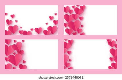 Collection of abstract backgrounds with floating paper cut hearts. Modern design for Valentine’s Day, Mother’s Day and Women’s Day. Vector illustration