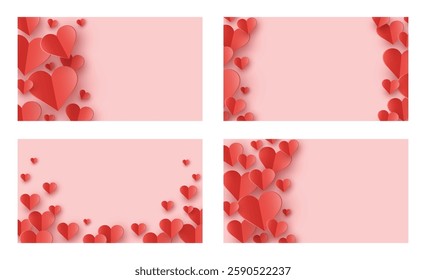 Collection of abstract backgrounds with floating paper cut hearts. Modern design for Valentine’s Day, Mother’s Day and Women’s Day. Vector illustration