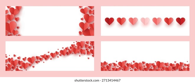 Colección de fondos abstractos con corazones cortados de papel flotante. Anuncios modernos para el Día de San Valentín, el Día de la Madre y el Día de la Mujer. Ilustración vectorial
