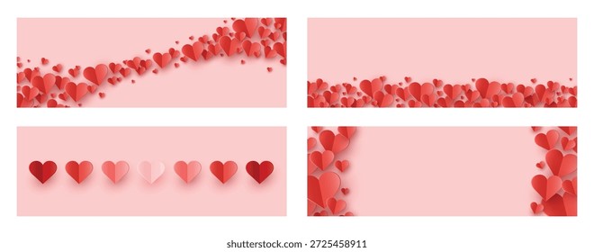 Coleção de fundos abstratos com corações de corte de papel flutuante. Bandagens modernas para o Dia dos Namorados, Dia das Mães e Dia da Mulher. Ilustração vetorial
