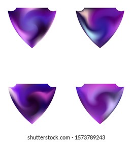 Collection of abstract backgrounds in the form of a shield. Trendy soft color form. Isolated style of 80th. Violet smooth elegant colored, and easy editable modern gradient templates.