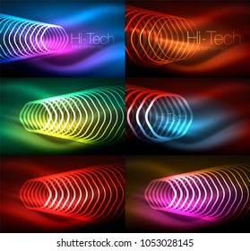 Colección de fondos abstractos, contorno brillante hexagones extensibles. Efectos tecno futuristas brillantes digitales, antecedentes de concepto de energía