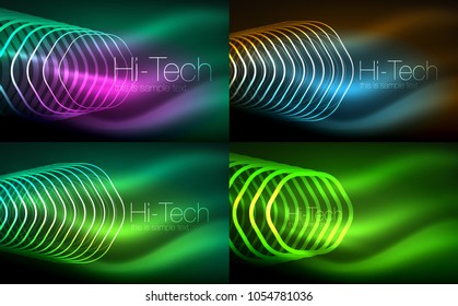 Collection of abstract backgrounds, glowing outline repeating hexagons. Digital techno futuristic shiny effects, energy concept backgrounds