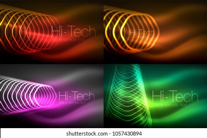 Collection of abstract backgrounds, glowing outline repeating hexagons. Digital techno futuristic shiny effects, energy concept backgrounds