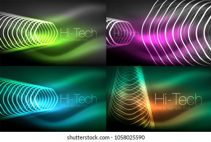 Collection of abstract backgrounds, glowing outline repeating hexagons. Digital techno futuristic shiny effects, energy concept backgrounds